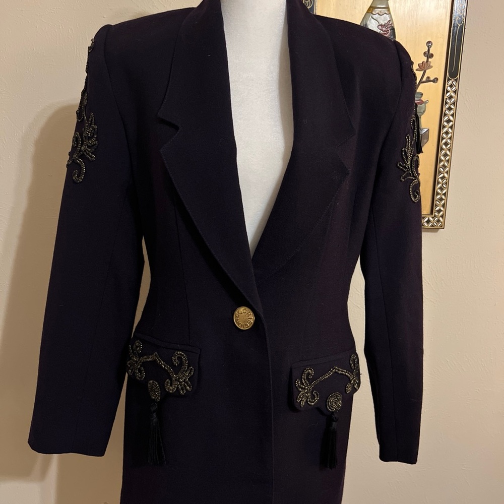 Vtg Cache Criscione Navy Embellished Wool Blend Blazer W/ Tassels/Gold Accents